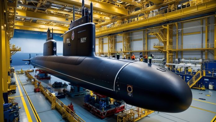 A Royal Navy submarine docked at a Babcock International facility, showcasing advanced naval maintenance operations.