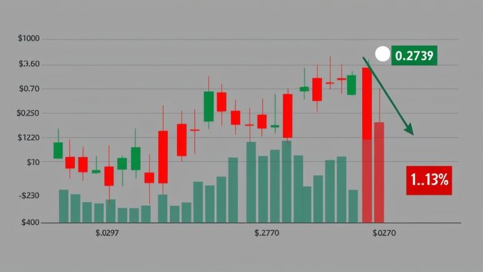 Line chart displaying TRON’s price trend over the past week, showing a 1.13% dip to $0.2739, with red and green candlesticks on a dark background.