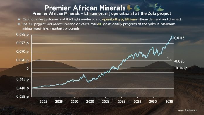 Line graph showing projected share price of Premier African Minerals from 2025 to 2035, with prices rising from 0.015p to 0.077p.
