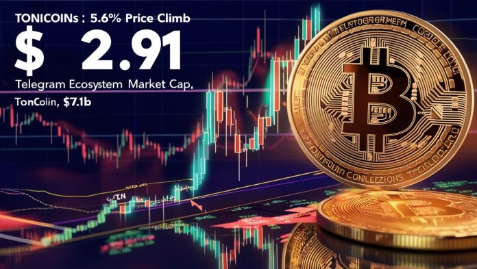 A dynamic line graph illustrating Toncoin (TON) cryptocurrency’s 5.66% price increase to $2.91 over 24 hours, with a $7.18 billion market cap. The chart emphasizes trading volume growth and Telegram integration, set against a backdrop of market trends.