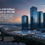 A modern Amazon fulfillment center in the UK, featuring advanced robotics and bustling activity, symbolizing economic growth and innovation.