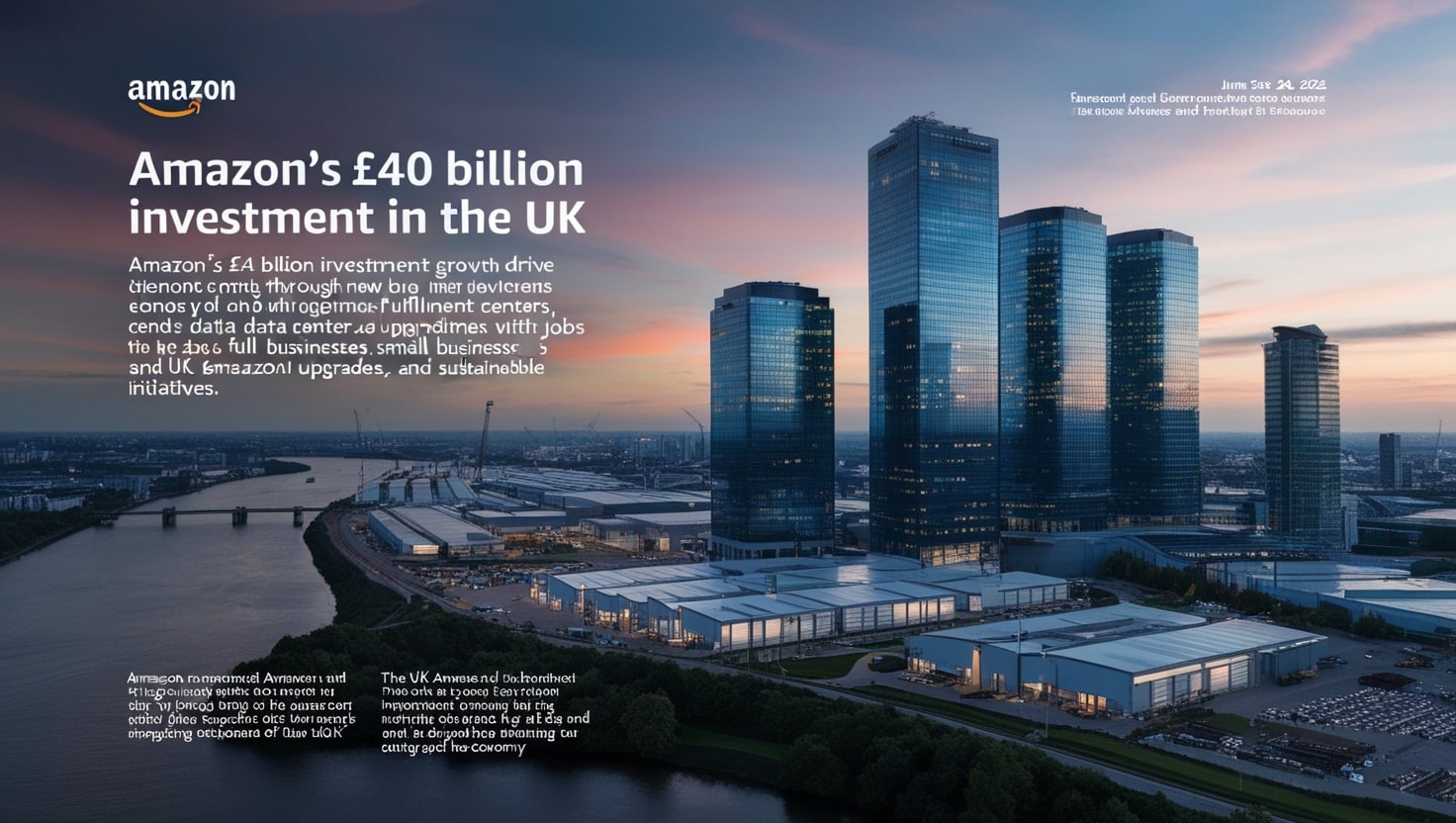 A modern Amazon fulfillment center in the UK, featuring advanced robotics and bustling activity, symbolizing economic growth and innovation.