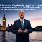 Prime Minister Keir Starmer speaking at a podium with the UK flag, announcing the industrial strategy to reduce business energy costs.