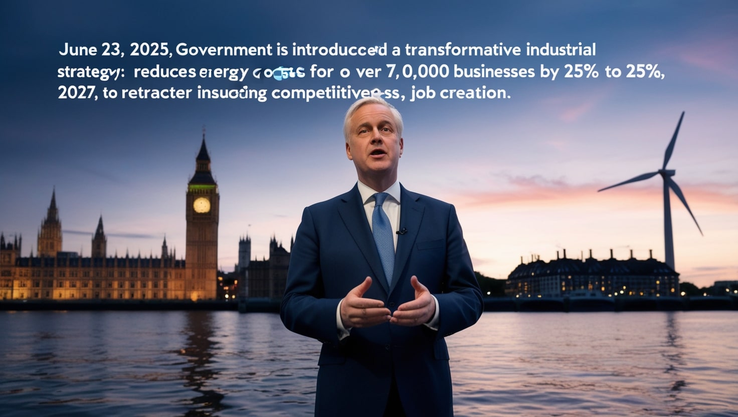 Prime Minister Keir Starmer speaking at a podium with the UK flag, announcing the industrial strategy to reduce business energy costs.