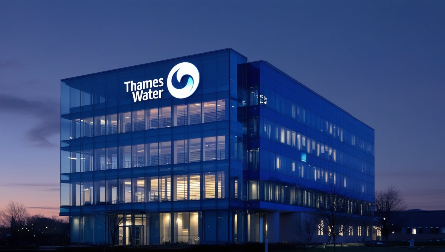 A modern office building with the Thames Water logo illuminated against a twilight sky, reflecting the company’s ongoing financial challenges.