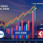 A vibrant digital stock chart of the Nifty 50 index, featuring logos of top companies like HDFC Bank and Reliance Industries, set against a backdrop of the Mumbai skyline.