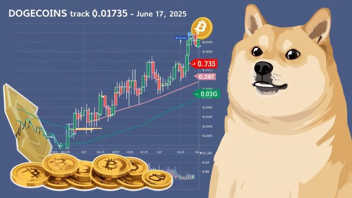 A digital chart displaying Dogecoin’s recent price movements with a downward trend, overlaid on a stylized Doge meme background.