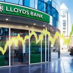A modern Lloyds Bank branch exterior with a digital stock chart overlay showing a rising trend, symbolizing the bank’s strong share price performance in 2025.