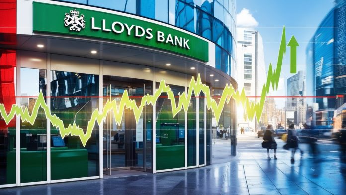 A modern Lloyds Bank branch exterior with a digital stock chart overlay showing a rising trend, symbolizing the bank’s strong share price performance in 2025.