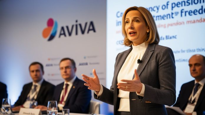 Amanda Blanc, Aviva’s CEO, speaking at a conference about pension investment freedom.