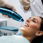 A dentist uses a high-tech dental device to target tooth nerve pain in a patient’s mouth.