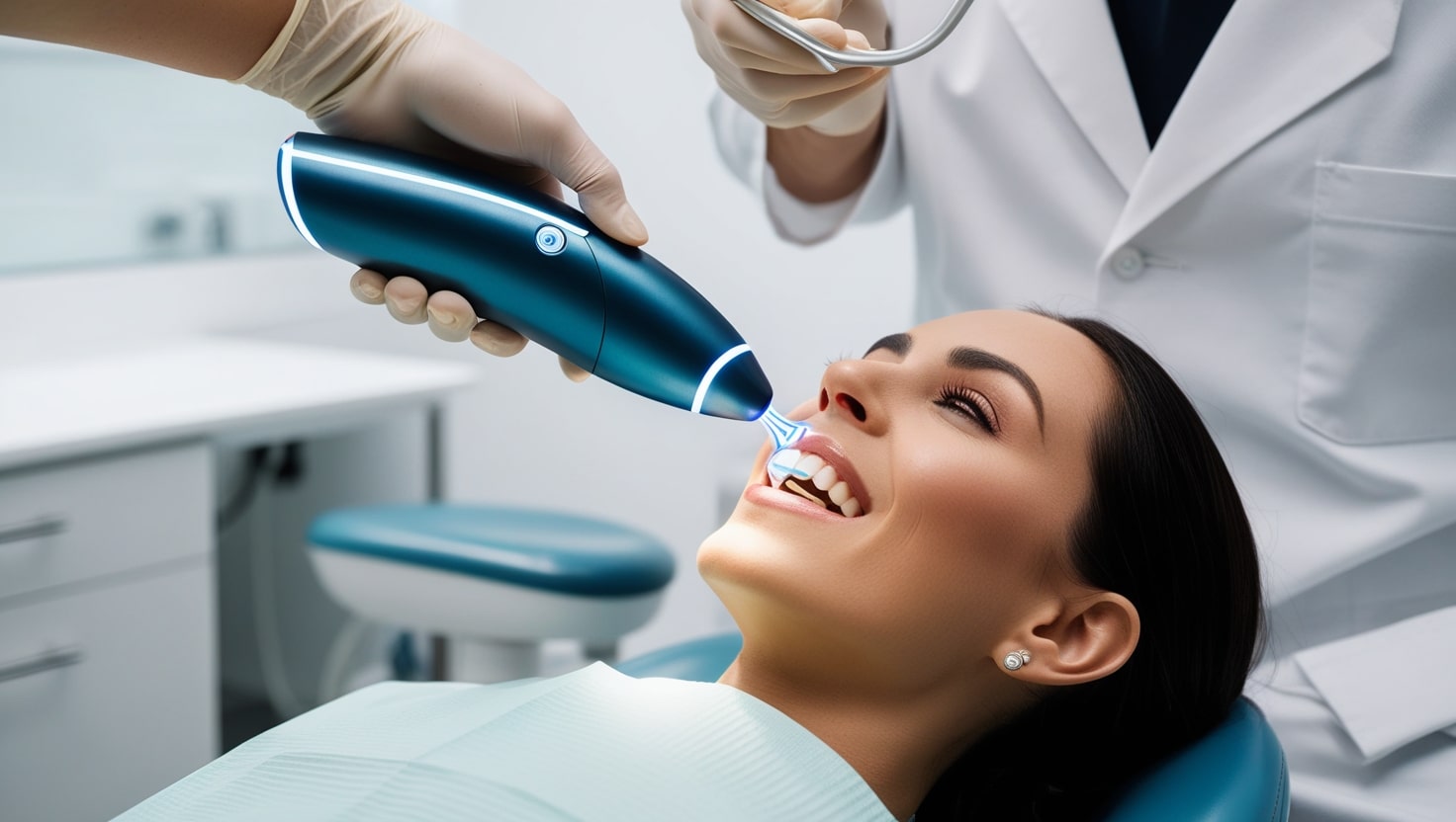 A dentist uses a high-tech dental device to target tooth nerve pain in a patient’s mouth.