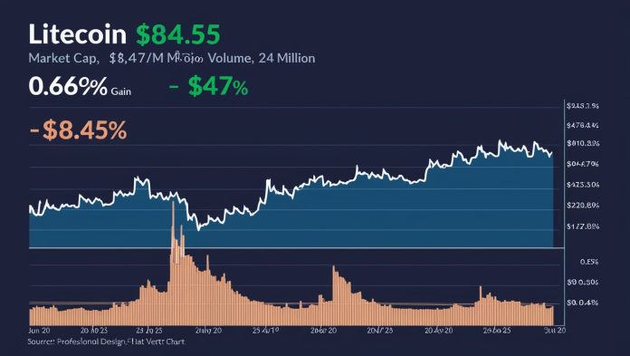 A digital chart displaying Litecoin’s market performance with price trends and trading volume for June 2025, set against a sleek, dark background with vibrant data visualizations.