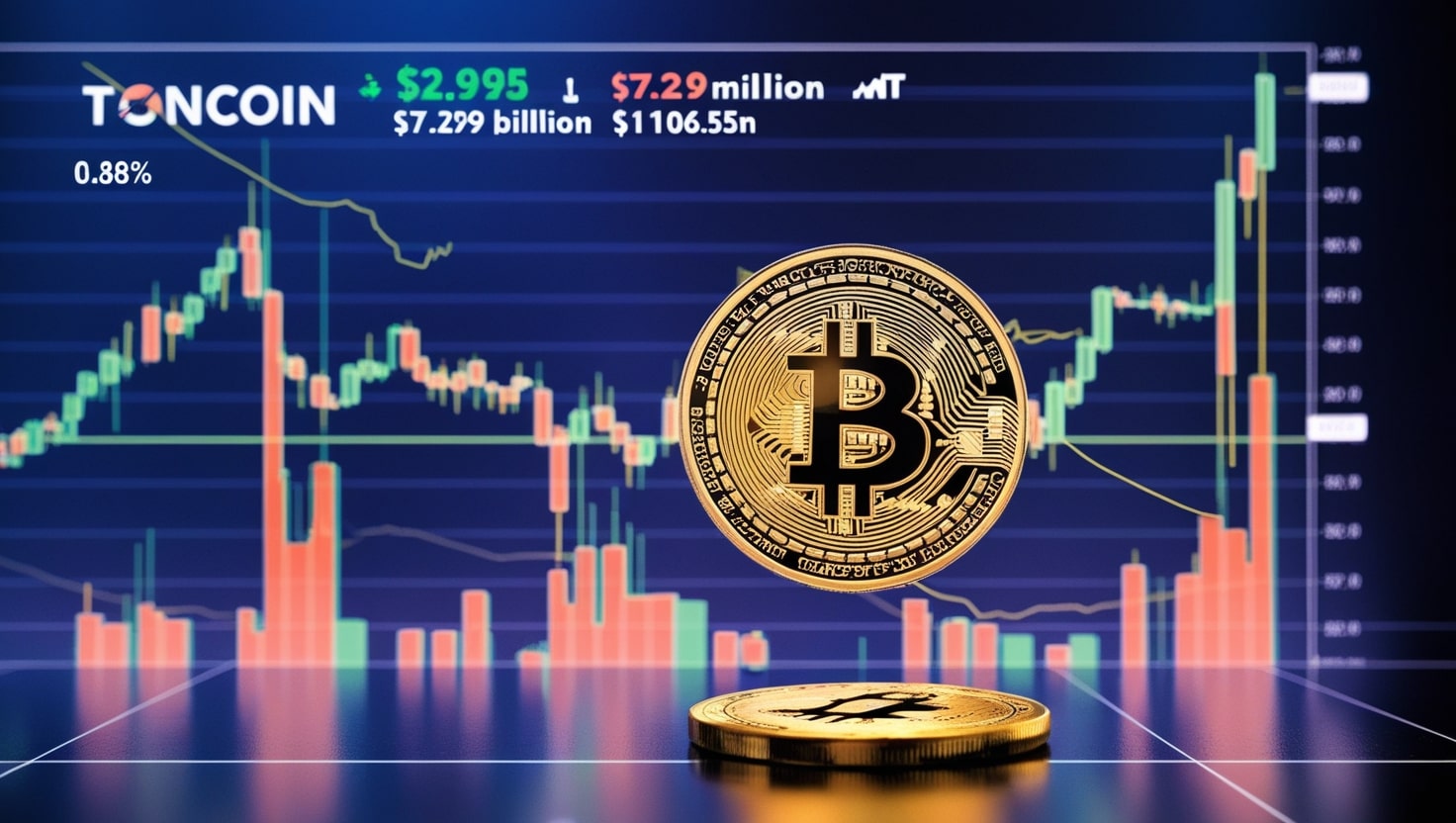A vibrant digital chart showcasing Toncoin’s market trends, including its $2.95 price and $106.55 million trading volume for June 2025, displayed on a modern dark-themed background.