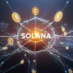 A digital illustration of the Solana blockchain, featuring a vibrant network of interconnected nodes and glowing SOL tokens against a dark background, symbolizing high-speed transactions and scalability.