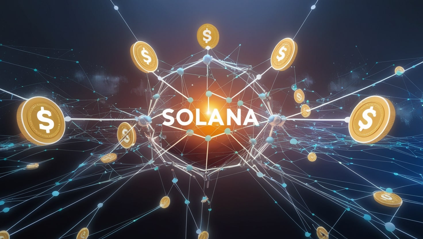 A digital illustration of the Solana blockchain, featuring a vibrant network of interconnected nodes and glowing SOL tokens against a dark background, symbolizing high-speed transactions and scalability.