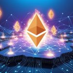 A digital illustration of Ethereum’s blockchain network, featuring interconnected nodes and glowing ETH symbols against a futuristic blue and purple backdrop.