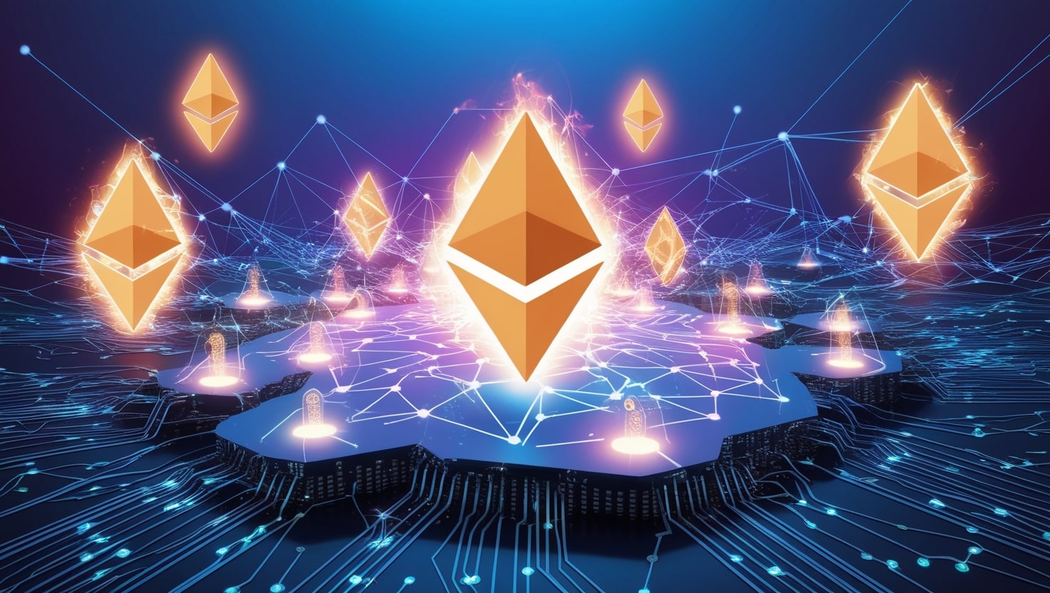 A digital illustration of Ethereum’s blockchain network, featuring interconnected nodes and glowing ETH symbols against a futuristic blue and purple backdrop.
