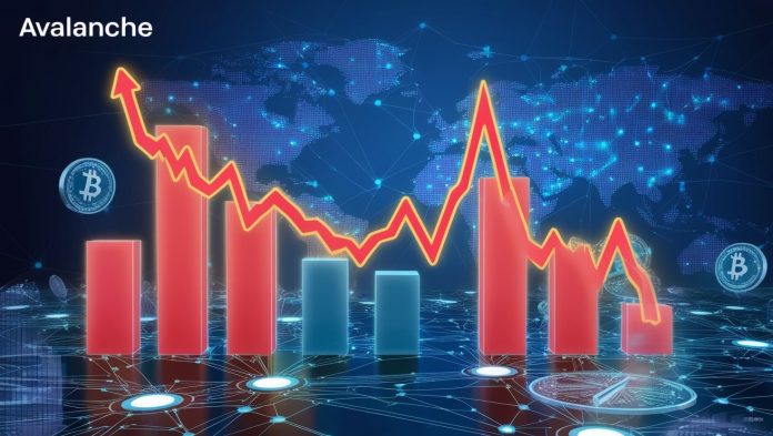 A dynamic chart showcasing Avalanche’s (AVAX) 6.19% price surge on June 23, 2025, with a green upward trend line against a backdrop of interconnected blockchain nodes.