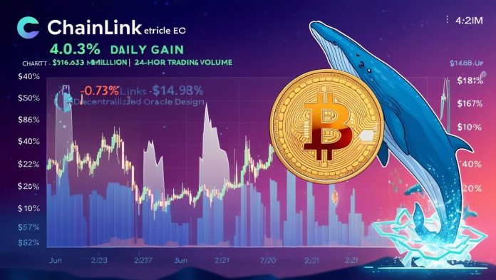 A digital chart displaying Chainlink's (LINK) price surge, with a green upward trend line highlighting a 4.03% daily increase, set against a backdrop of blockchain network graphics.