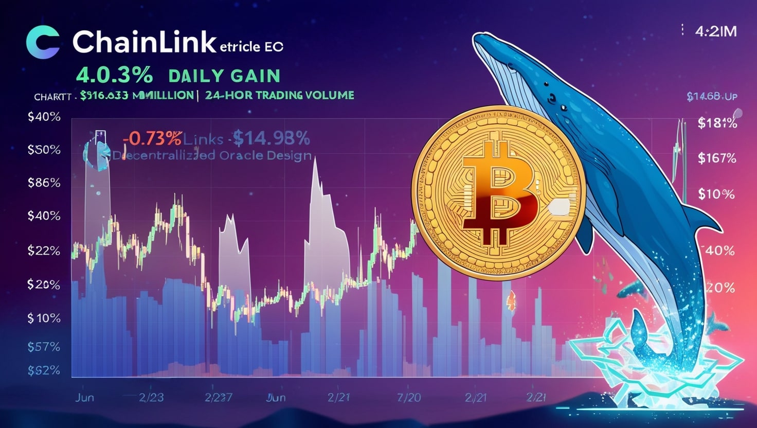 A digital chart displaying Chainlink's (LINK) price surge, with a green upward trend line highlighting a 4.03% daily increase, set against a backdrop of blockchain network graphics.