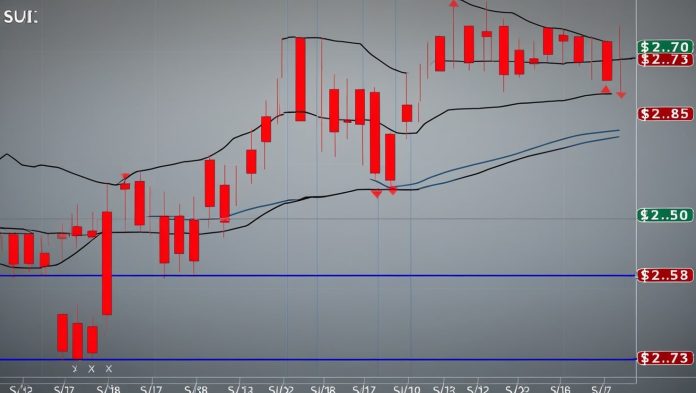 A line chart illustrating Sui (SUI) price trends over the past week, showing a downward trajectory with red candlesticks and key support levels at $2.70 and $2.50.