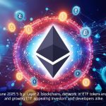 A digital rendering of Ethereum’s blockchain, showcasing interconnected nodes and glowing ETH tokens against a futuristic blue backdrop, representing its scalability and DeFi dominance.