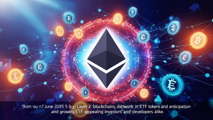 A digital rendering of Ethereum’s blockchain, showcasing interconnected nodes and glowing ETH tokens against a futuristic blue backdrop, representing its scalability and DeFi dominance.