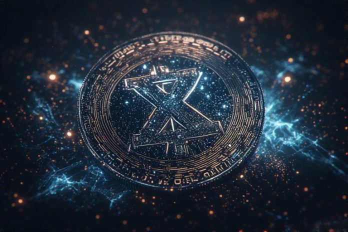 A dynamic digital rendering of the XRP logo, glowing in silver and blue, set against a backdrop of interconnected global payment nodes, symbolizing Ripple’s blockchain efficiency.