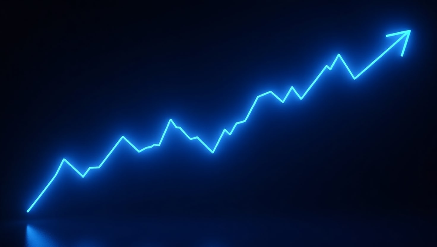 A digital chart displaying the upward price trend of XRP with a glowing blue line against a dark background, symbolizing its recent surge.