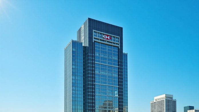 Modern glass building of HSBC's headquarters in Hong Kong under a clear blue sky, reflecting the bank's global presence.