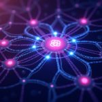 A digital illustration of the Polkadot blockchain, showcasing a network of interconnected parachains with the DOT logo at the center, set against a vibrant purple and blue futuristic background.