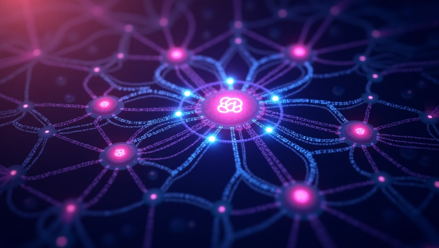 A digital illustration of the Polkadot blockchain, showcasing a network of interconnected parachains with the DOT logo at the center, set against a vibrant purple and blue futuristic background.