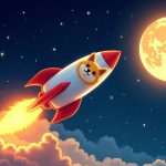 A vibrant digital illustration of a rocket shaped like the Dogecoin logo, a Shiba Inu dog, soaring upward against a starry night sky with a glowing moon in the background, symbolizing the cryptocurrency’s price surge.
