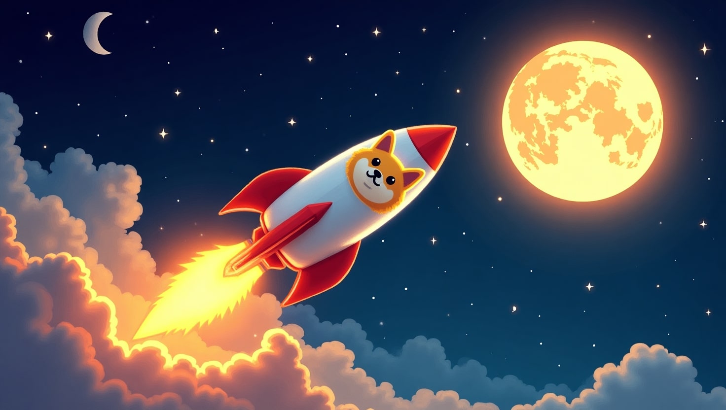 A vibrant digital illustration of a rocket shaped like the Dogecoin logo, a Shiba Inu dog, soaring upward against a starry night sky with a glowing moon in the background, symbolizing the cryptocurrency’s price surge.