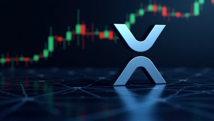 A digital illustration of the XRP logo with a dynamic candlestick chart in the background, showcasing price trends and market activity on July 2, 2025.