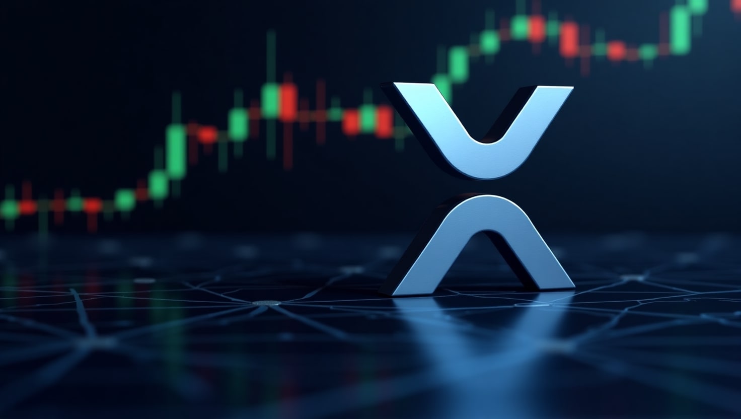 A digital illustration of the XRP logo with a dynamic candlestick chart in the background, showcasing price trends and market activity on July 2, 2025.