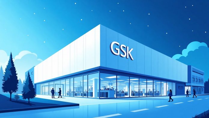A modern digital illustration of GSK’s Stevenage R&D facility, featuring advanced laboratory equipment and the GSK logo, set against a sleek blue and white scientific backdrop.