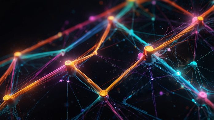 Solana logo on a vibrant blockchain network background