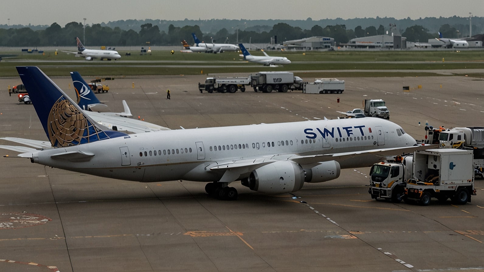 A United Airlines Boeing 787-9 Dreamliner parked at Gate B44 of London Heathrow Airport, surrounded by emergency vehicles and ground crew after an emergency diversion.