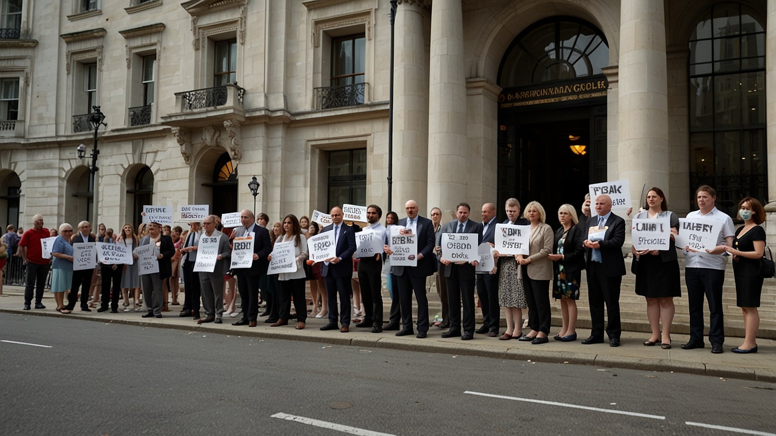 A diverse crowd of UK taxpayers holding signs and banners outside HM Treasury in London, advocating for a raise in the personal allowance for the 2025/26 tax year, with a focus on economic fairness.