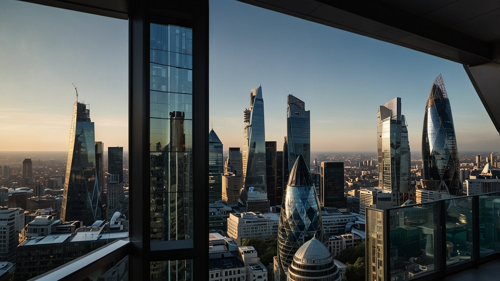 A vibrant cityscape of London with modern skyscrapers under a bright sky, symbolizing economic growth and business optimism in the UK.