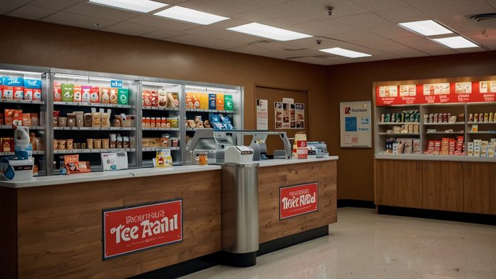 A nostalgic Thrifty Ice Cream counter inside a Rite Aid pharmacy, featuring a colorful ice cream menu board and a cylindrical scoop station, now facing closure due to bankruptcy.