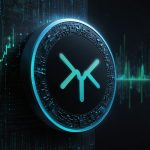 A vibrant digital illustration of the XRP coin glowing against a futuristic blockchain-inspired background with upward-trending graphs.