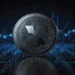 A digital illustration of the XRP cryptocurrency coin, featuring a silver coin with the XRP logo in the center, set against a futuristic blue and black blockchain-inspired background.