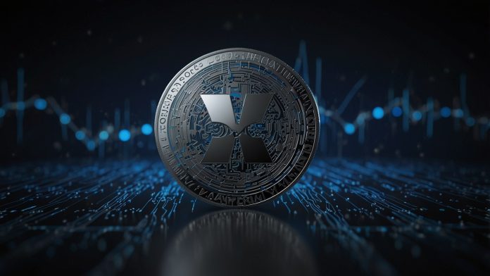 A digital illustration of the XRP cryptocurrency coin, featuring a silver coin with the XRP logo in the center, set against a futuristic blue and black blockchain-inspired background.