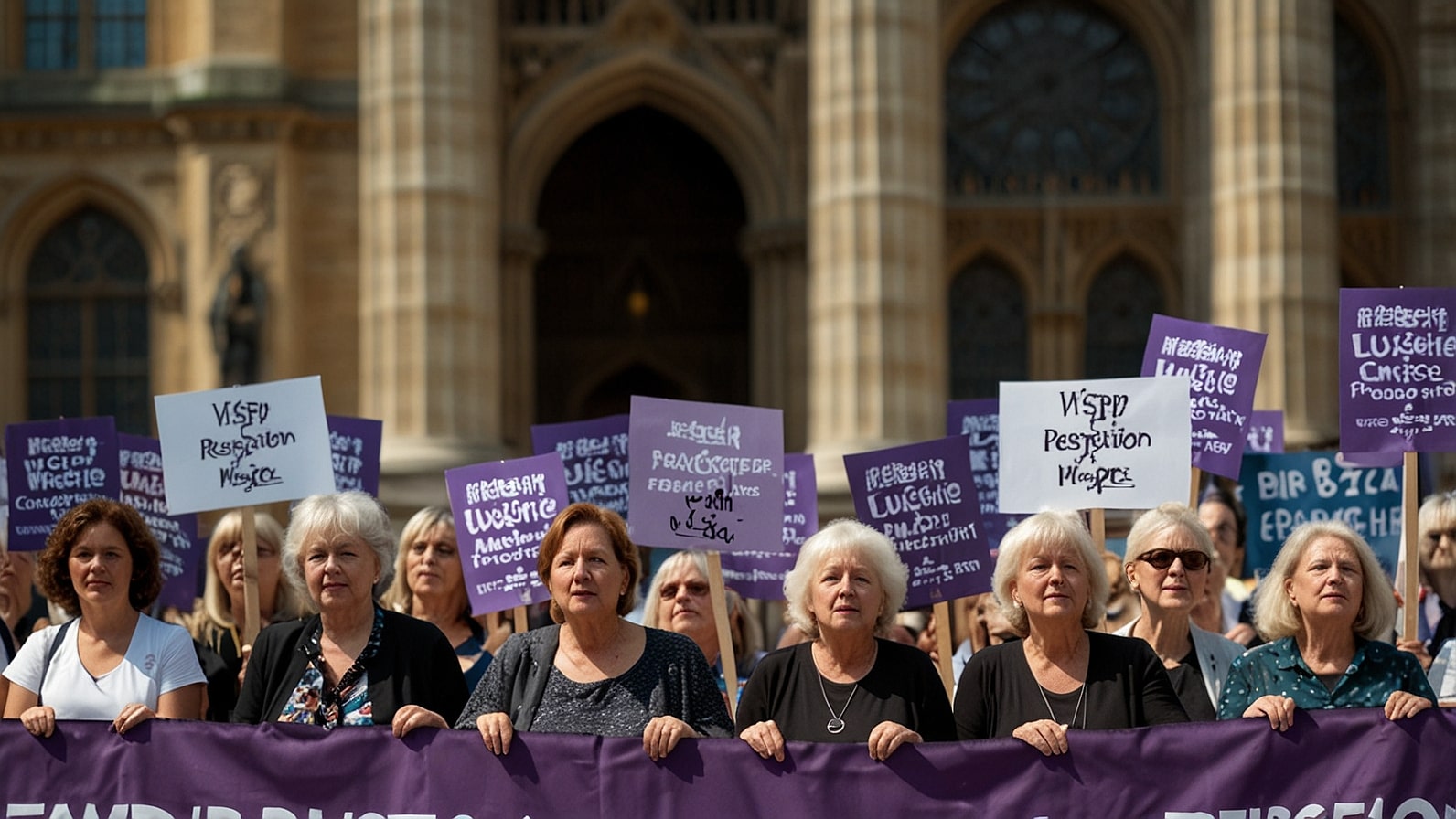 A large group of women holding banners and signs at a WASPI campaign rally in London, advocating for compensation due to State Pension age changes, with a backdrop of Parliament.