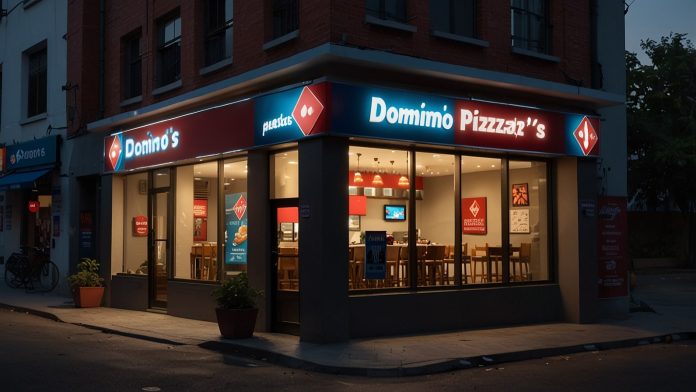 A vibrant Domino’s Pizza outlet operated by Jubilant Foodworks, featuring bright signage and a welcoming entrance.