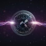 A digital rendering of the Chainlink cryptocurrency coin, showcasing a sleek silver coin with the LINK logo, set against a vibrant blue and purple blockchain network background with interconnected nodes.