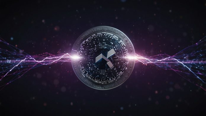 A digital rendering of the Chainlink cryptocurrency coin, showcasing a sleek silver coin with the LINK logo, set against a vibrant blue and purple blockchain network background with interconnected nodes.